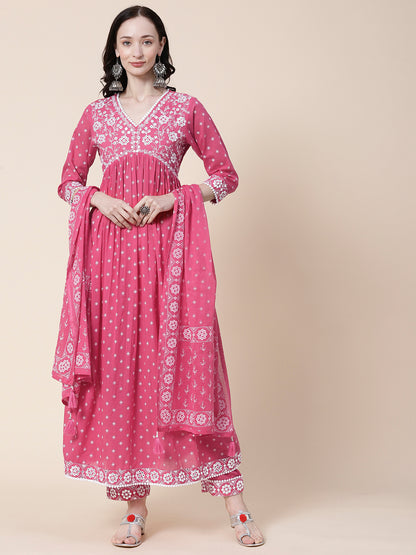 Ethnic Block Printed Mirror & Resham Embroidered Flared Kurta With Pants & Printed Dupatta - Pink