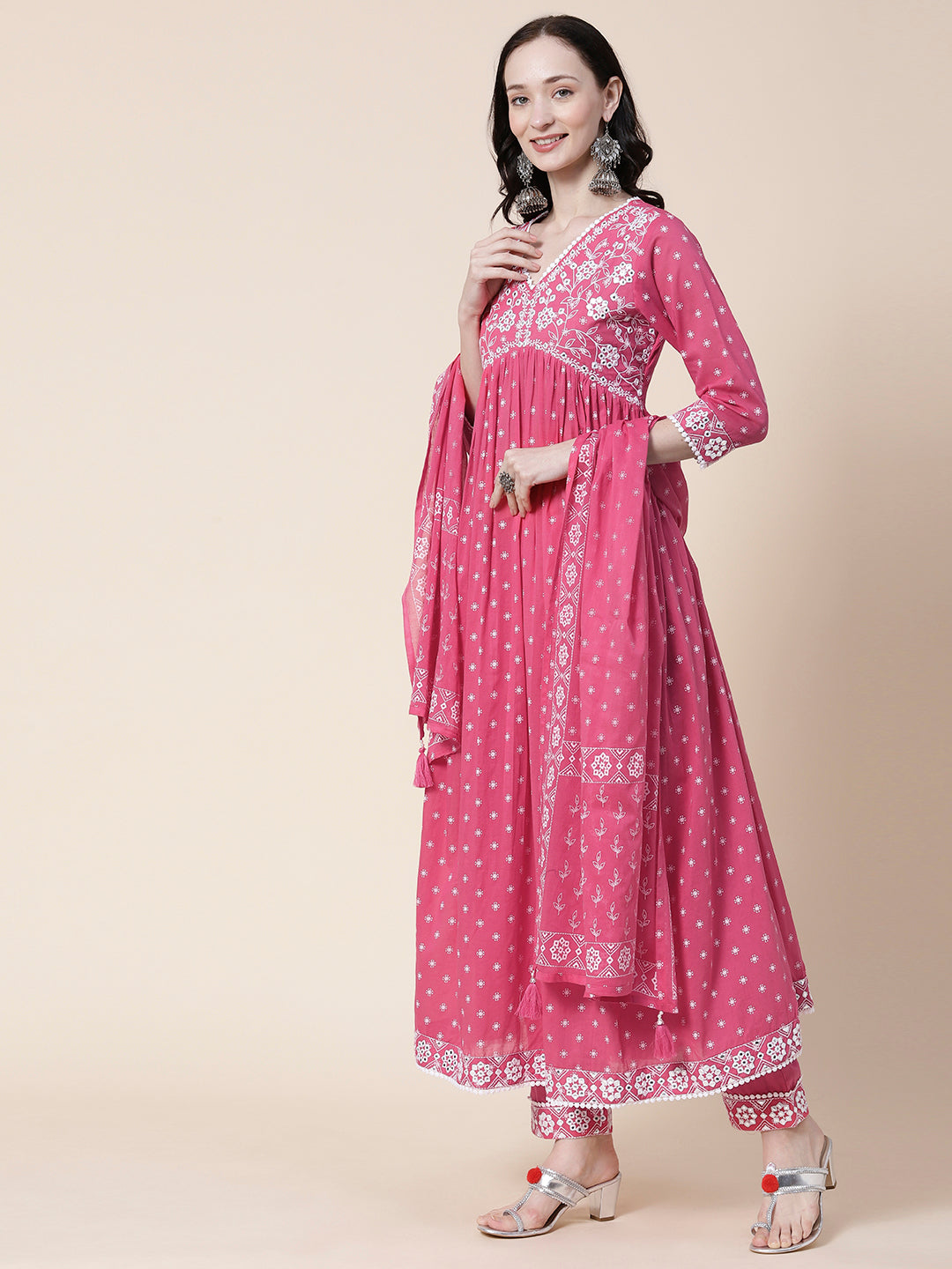 Ethnic Block Printed Mirror & Resham Embroidered Flared Kurta With Pants & Printed Dupatta - Pink