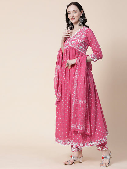 Ethnic Block Printed Mirror & Resham Embroidered Flared Kurta With Pants & Printed Dupatta - Pink