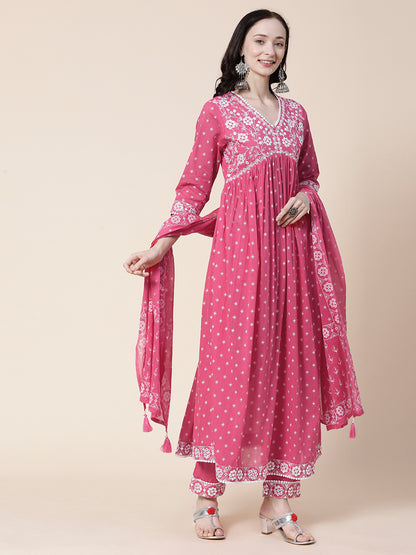 Ethnic Block Printed Mirror & Resham Embroidered Flared Kurta With Pants & Printed Dupatta - Pink