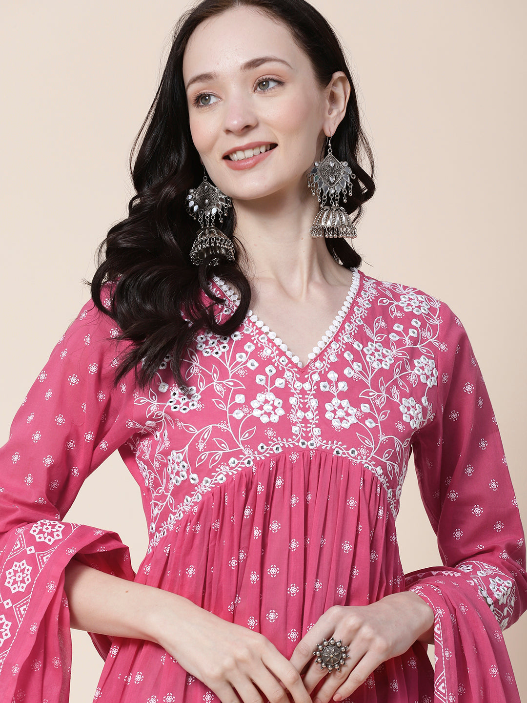 Ethnic Block Printed Mirror & Resham Embroidered Flared Kurta With Pants & Printed Dupatta - Pink