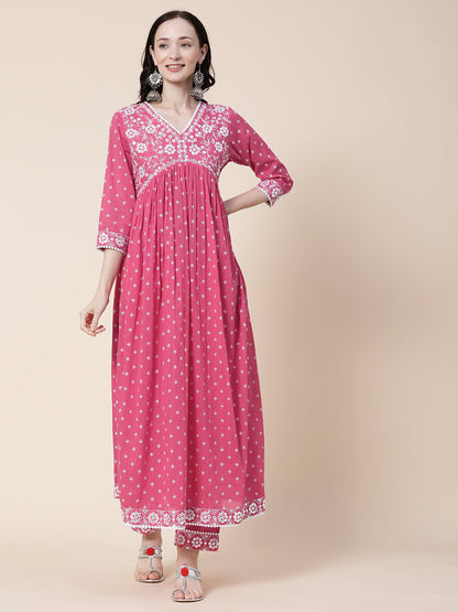 Ethnic Block Printed Mirror & Resham Embroidered Flared Kurta With Pants & Printed Dupatta - Pink