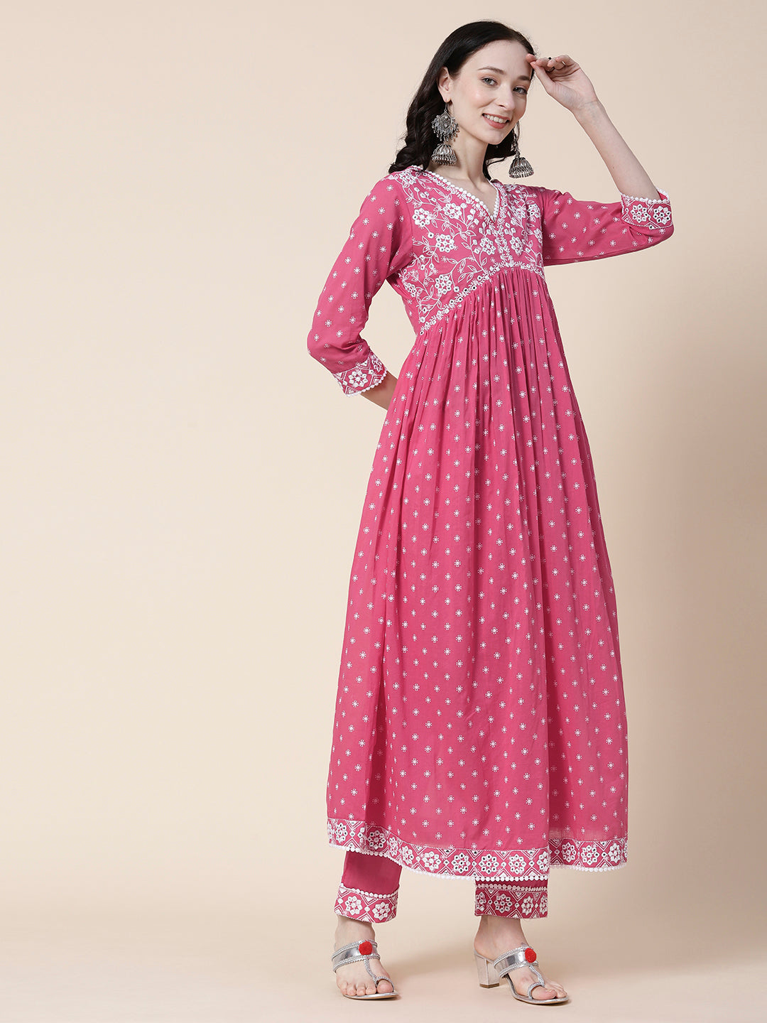 Ethnic Block Printed Mirror & Resham Embroidered Flared Kurta With Pants & Printed Dupatta - Pink