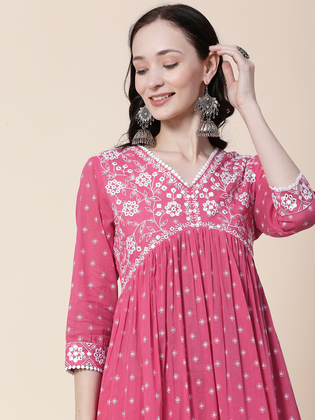 Ethnic Block Printed Mirror & Resham Embroidered Flared Kurta With Pants & Printed Dupatta - Pink