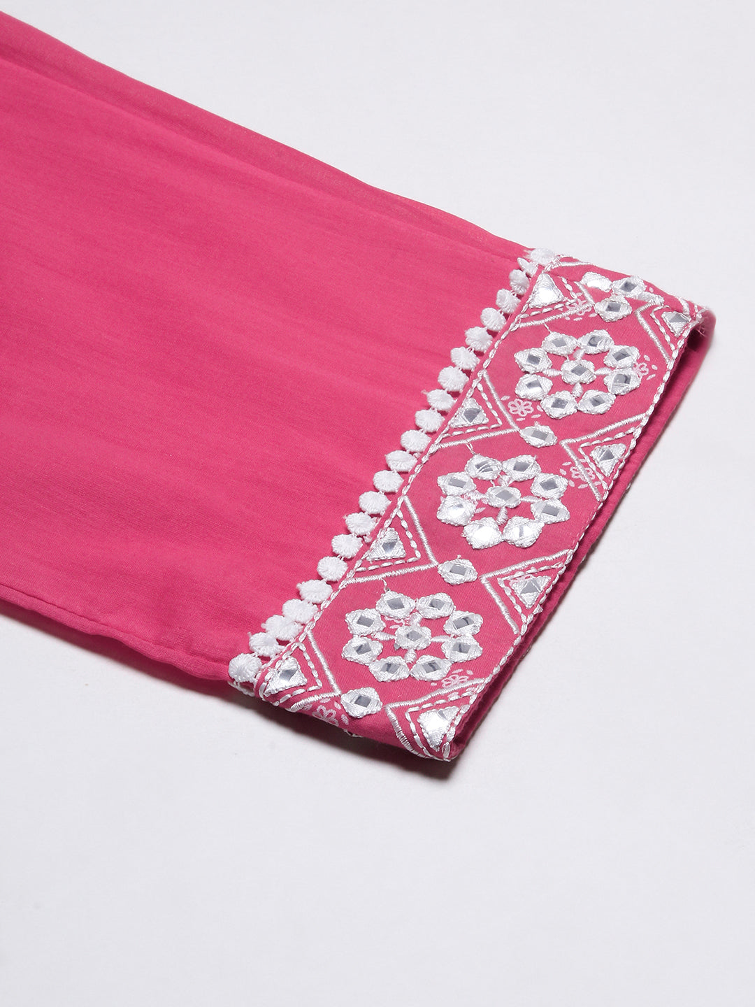 Ethnic Block Printed Mirror & Resham Embroidered Flared Kurta With Pants & Printed Dupatta - Pink