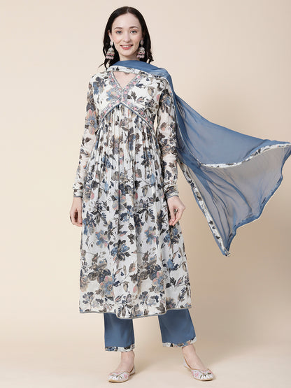 Floral Printed Mirror Embroidered High Slit Empire Kurta With Pants & Dupatta - White & Teal Grey