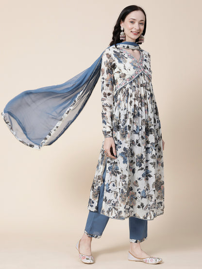 Floral Printed Mirror Embroidered High Slit Empire Kurta With Pants & Dupatta - White & Teal Grey