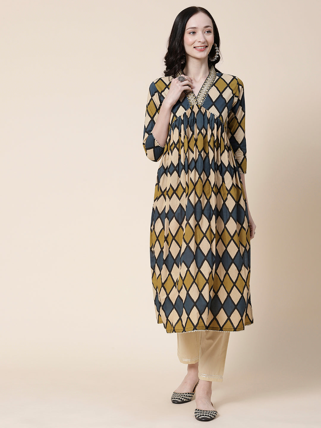 Abstract Printed Mirror & Resham Embroidered Gathered Empire Kurta With Pants - Multi