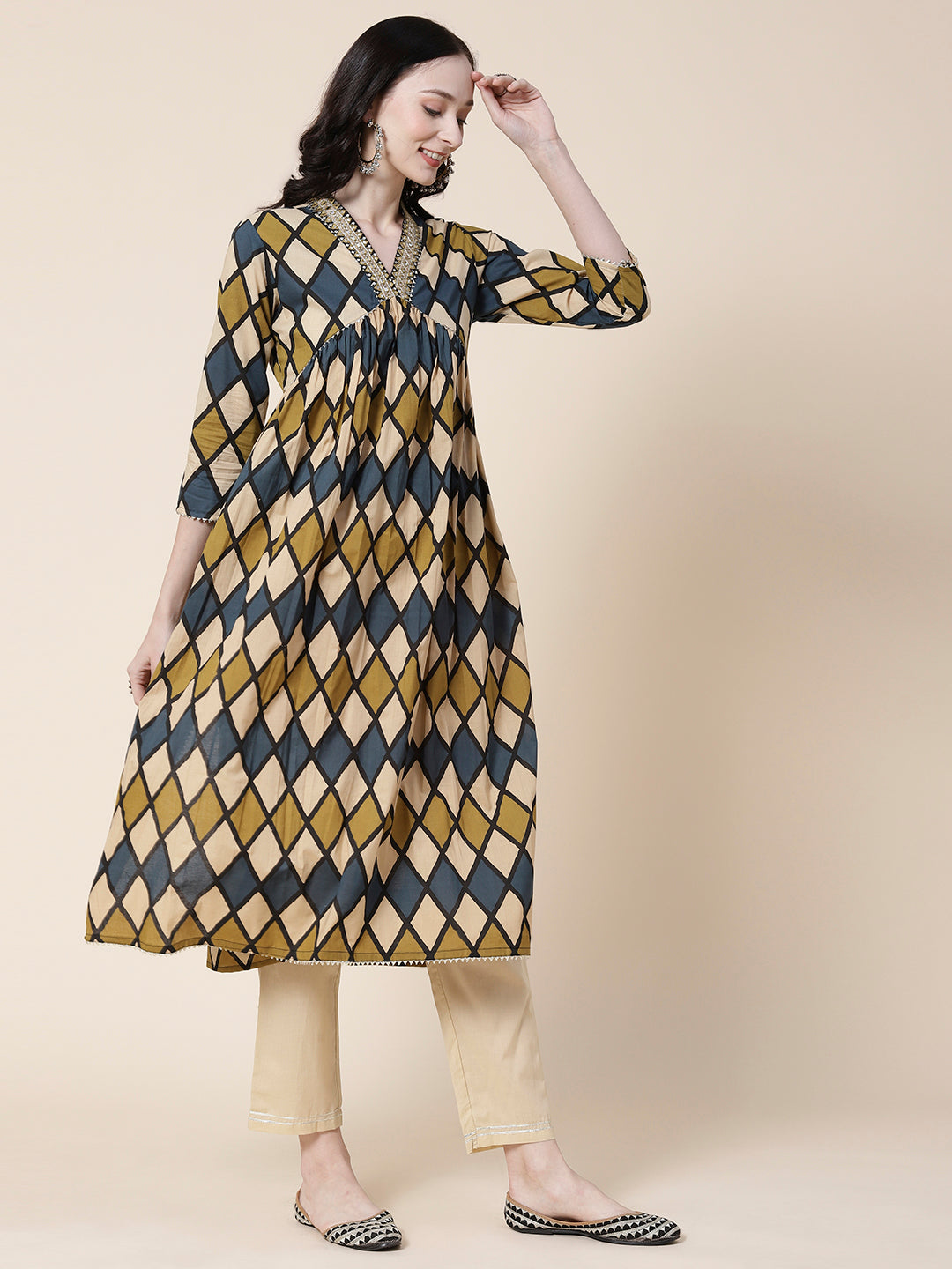 Abstract Printed Mirror & Resham Embroidered Gathered Empire Kurta With Pants - Multi