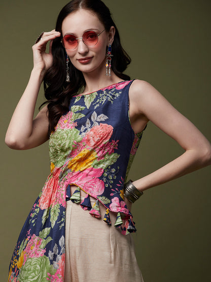 Floral Printed & Hand Embroidered Asymmetric Kurta with Flared Palazzo - Blue