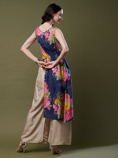 Floral Printed & Hand Embroidered Asymmetric Kurta with Flared Palazzo - Blue