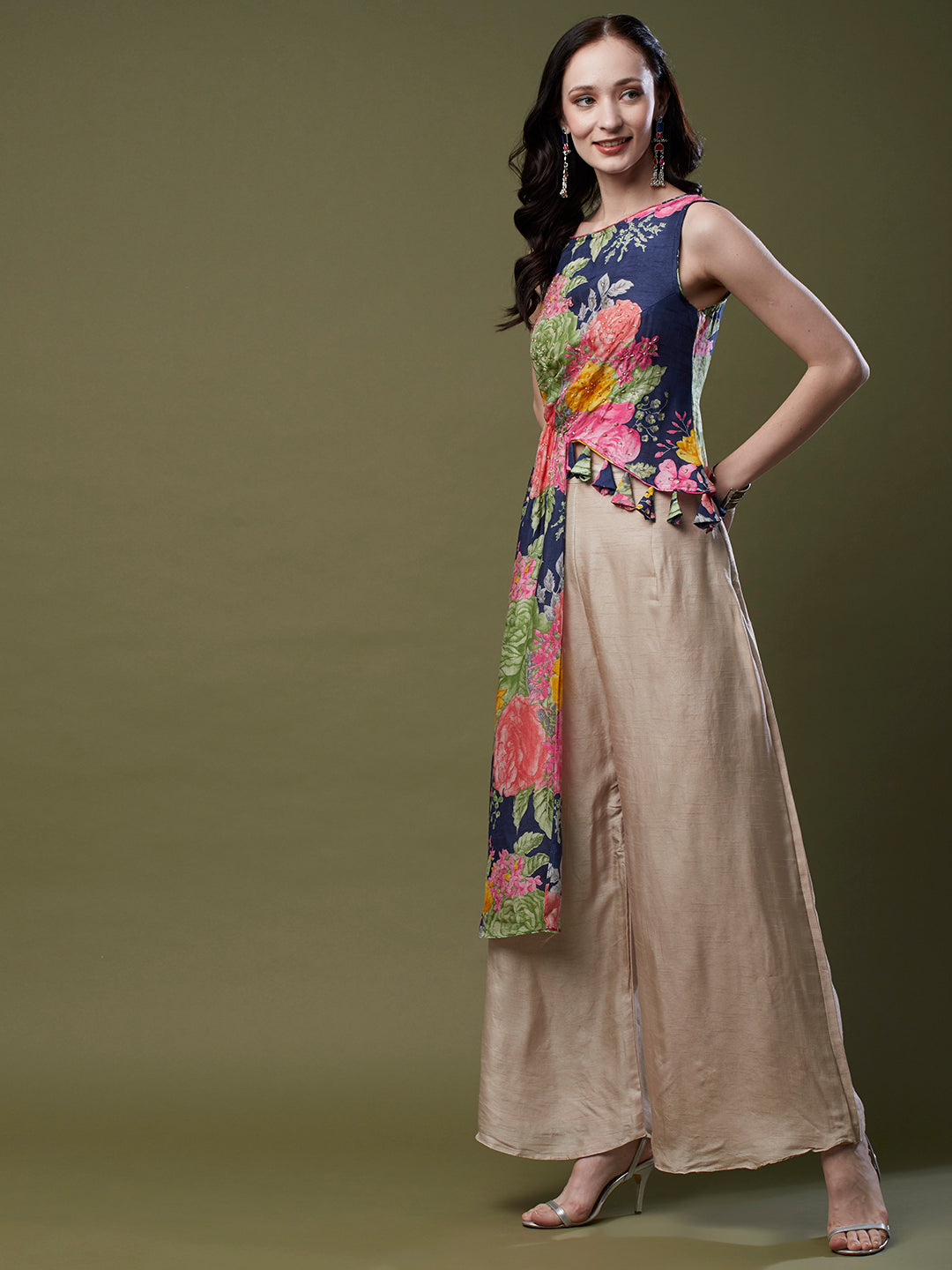 Floral Printed & Hand Embroidered Asymmetric Kurta with Flared Palazzo - Blue