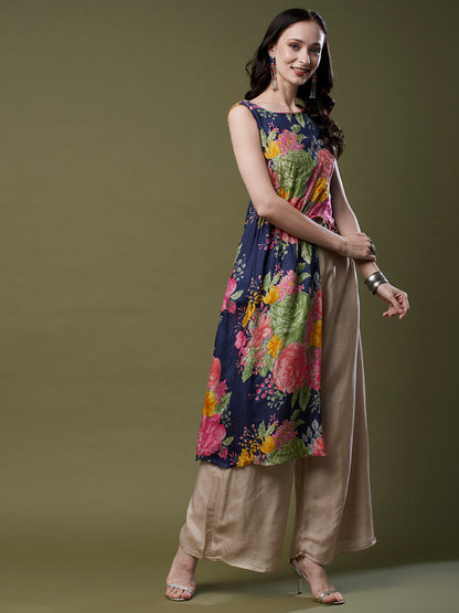 Floral Printed & Hand Embroidered Asymmetric Kurta with Flared Palazzo - Blue