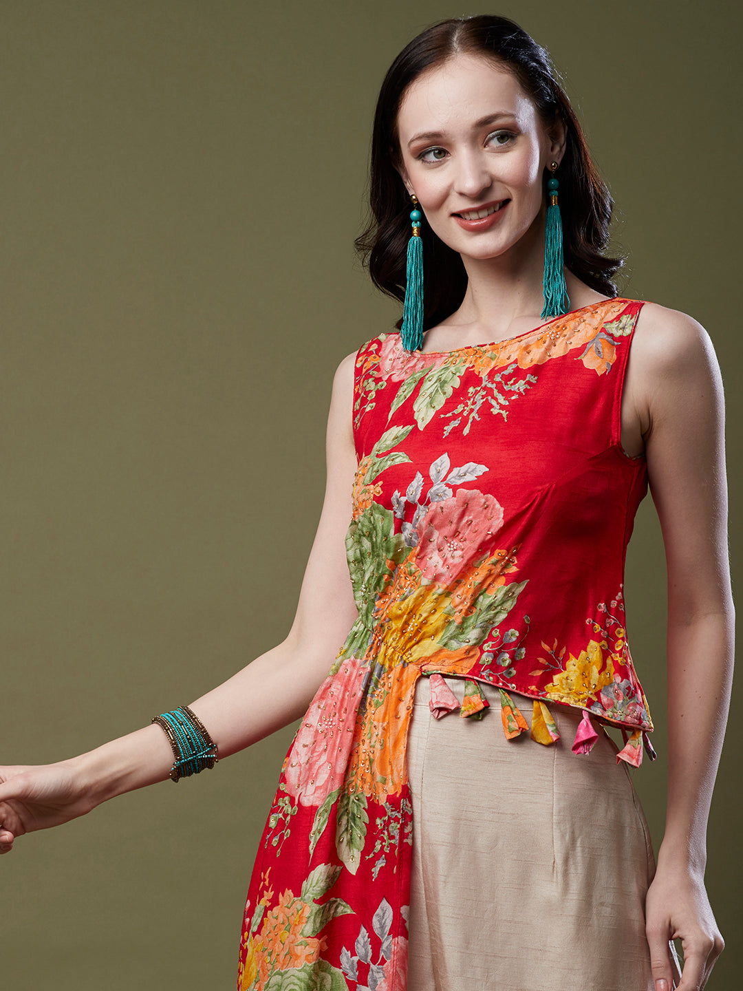 Floral Printed & Hand Embroidered Asymmetric Kurta with Flared Palazzo - Red