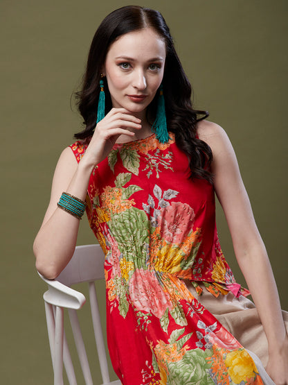 Floral Printed & Hand Embroidered Asymmetric Kurta with Flared Palazzo - Red