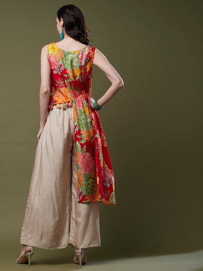 Floral Printed & Hand Embroidered Asymmetric Kurta with Flared Palazzo - Red