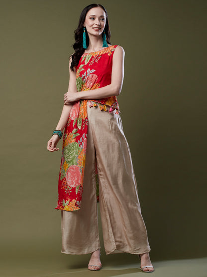 Floral Printed & Hand Embroidered Asymmetric Kurta with Flared Palazzo - Red