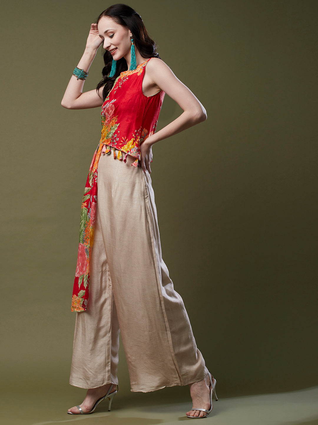 Floral Printed & Hand Embroidered Asymmetric Kurta with Flared Palazzo –  FASHOR