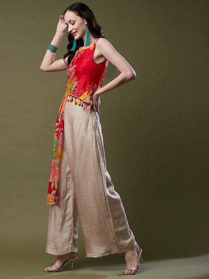 Floral Printed & Hand Embroidered Asymmetric Kurta with Flared Palazzo - Red