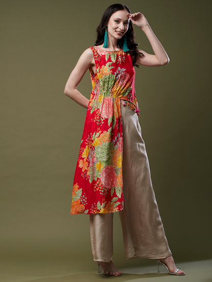 Floral Printed & Hand Embroidered Asymmetric Kurta with Flared Palazzo - Red