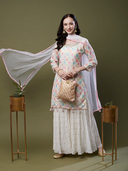 Abstract Printed Zardozi, Resham & Mirror Embroidered Kurta with Embroidered Sharara & Dupatta - Multi & White