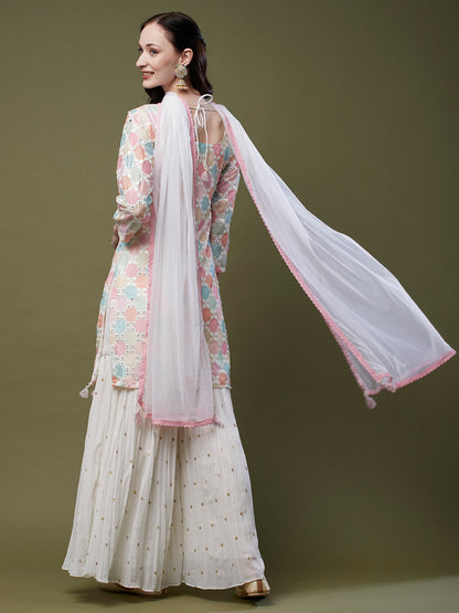 Abstract Printed Zardozi, Resham & Mirror Embroidered Kurta with Embroidered Sharara & Dupatta - Multi & White