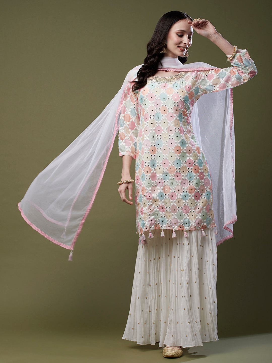 Abstract Printed Zardozi, Resham & Mirror Embroidered Kurta with Embroidered Sharara & Dupatta - Multi & White