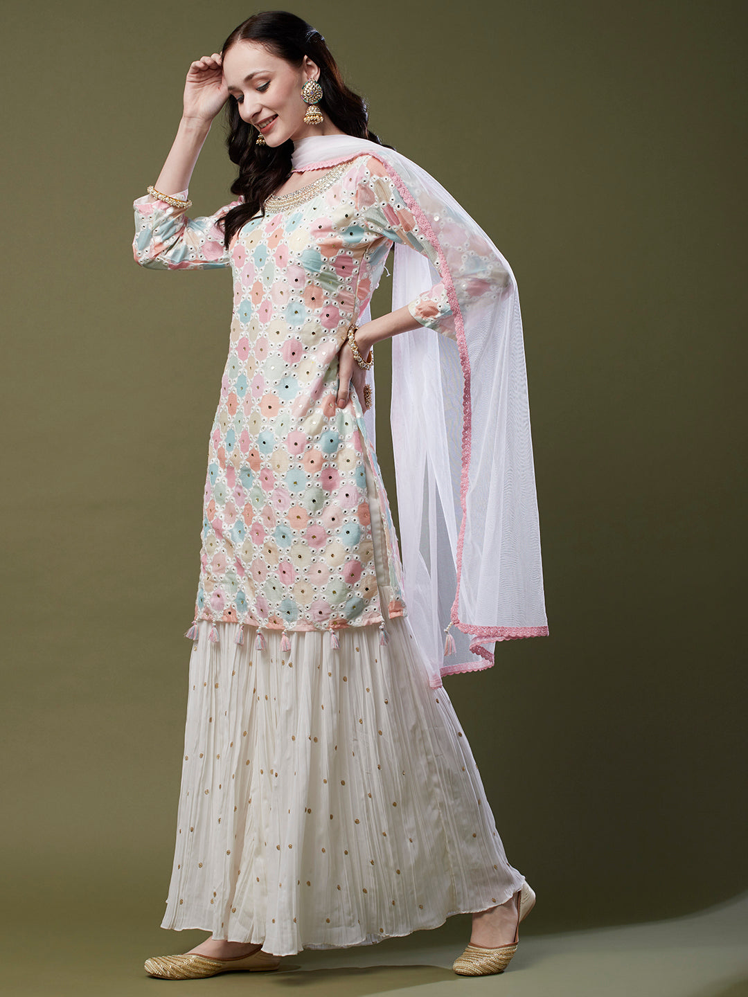 Abstract Printed Zardozi, Resham & Mirror Embroidered Kurta with Embroidered Sharara & Dupatta - Multi & White