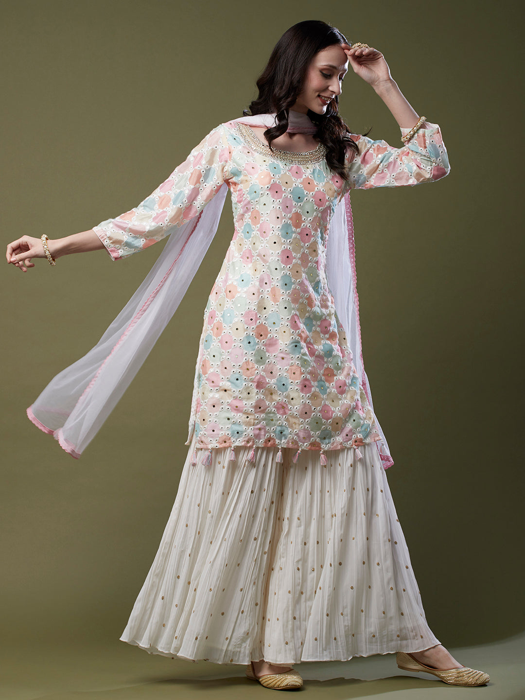 Abstract Printed Zardozi, Resham & Mirror Embroidered Kurta with Embroidered Sharara & Dupatta - Multi & White