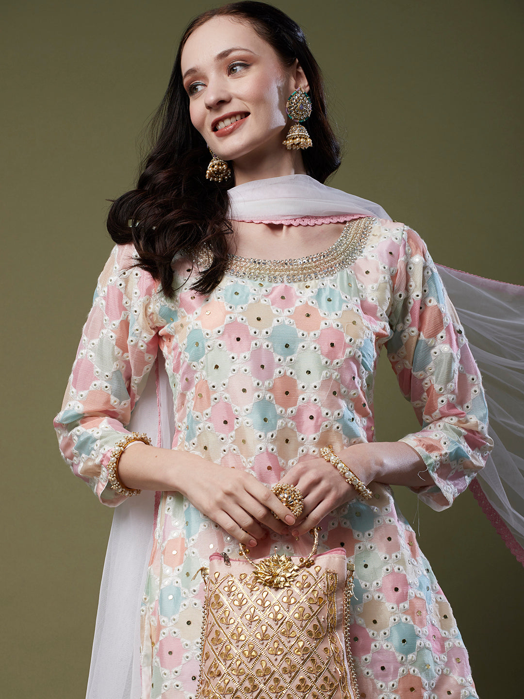 Abstract Printed Zardozi, Resham & Mirror Embroidered Kurta with Embroidered Sharara & Dupatta - Multi & White