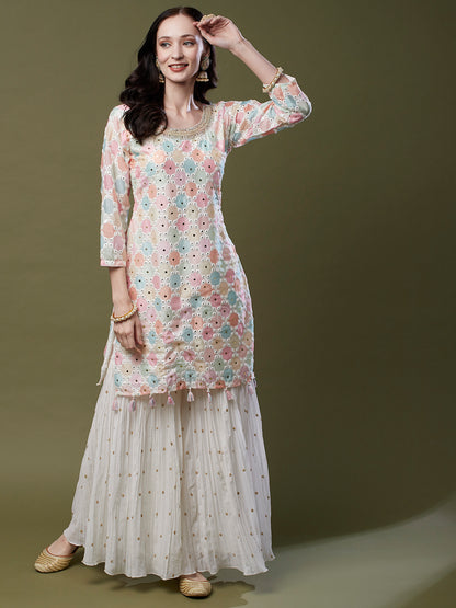 Abstract Printed Zardozi, Resham & Mirror Embroidered Kurta with Embroidered Sharara & Dupatta - Multi & White