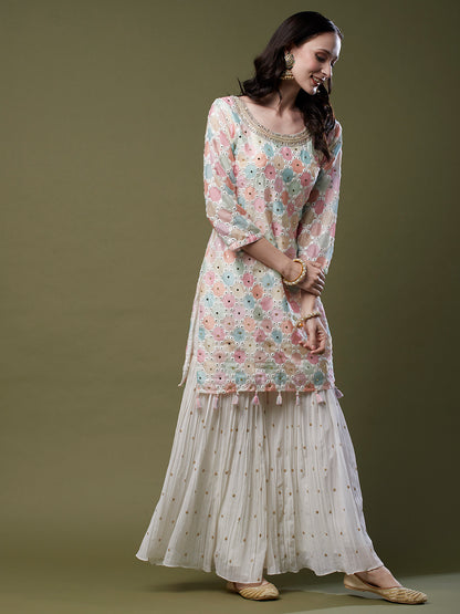 Abstract Printed Zardozi, Resham & Mirror Embroidered Kurta with Embroidered Sharara & Dupatta - Multi & White