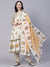 Floral-Ethnic Block Printed Sequins Ornamented Flared Kurta With Pants & Dupatta - White