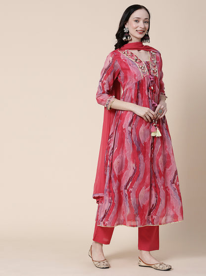 Abstract Printed Resham, Coin Tikki & Shell Embroidered Flared Mul Cotton kurta with Pants & Dupatta - Amaranth Pink