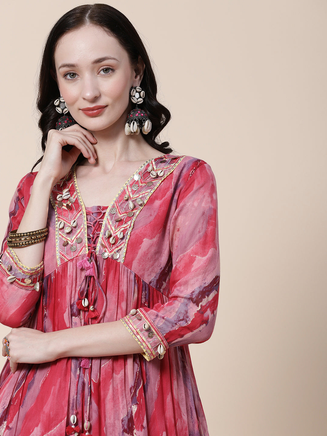 Abstract Printed Resham, Coin Tikki & Shell Embroidered Flared Mul Cotton kurta with Pants & Dupatta - Amaranth Pink