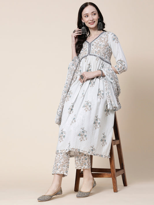 Floral Printed Mirror Embroidered Pleated Kurta with Pants & Printed Dupatta - White