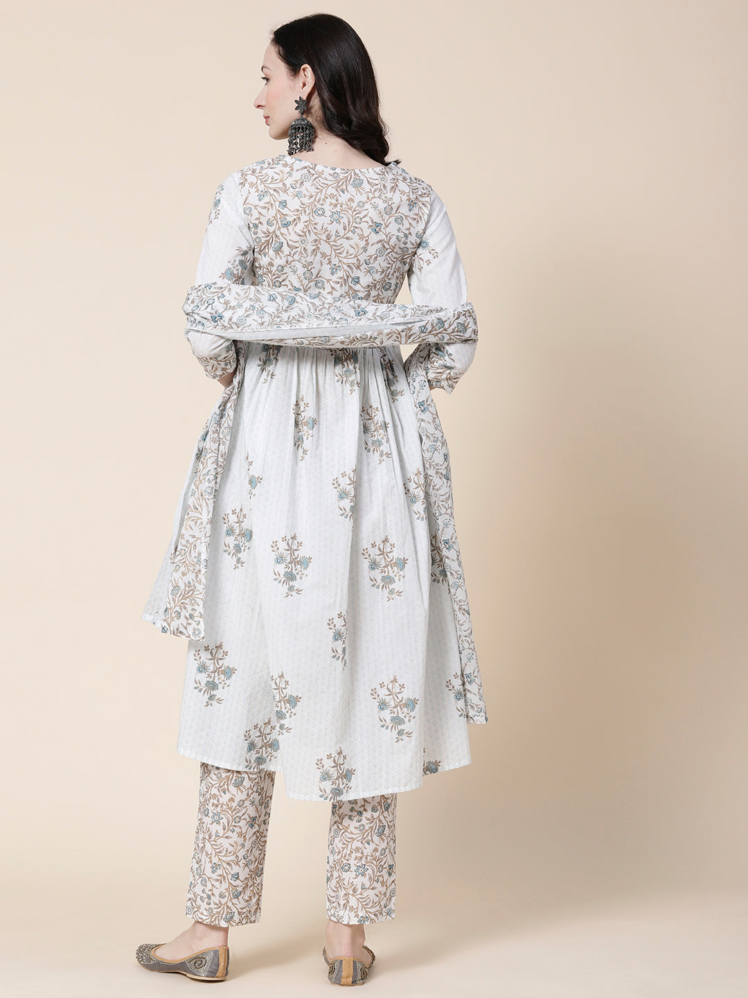 Floral Printed Mirror Embroidered Pleated Kurta with Pants & Printed Dupatta - White