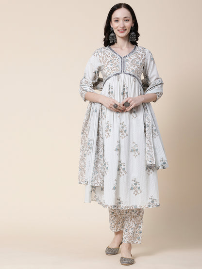 Floral Printed Mirror Embroidered Pleated Kurta with Pants & Printed Dupatta - White