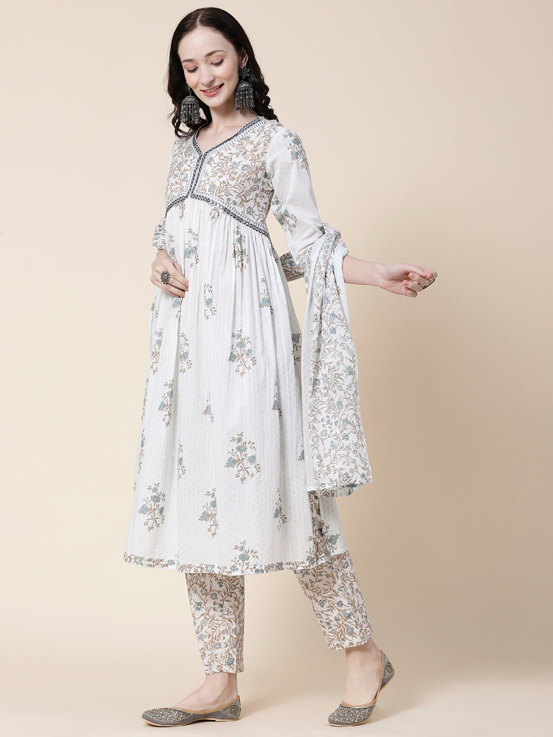 Floral Printed Mirror Embroidered Pleated Kurta with Pants & Printed Dupatta - White