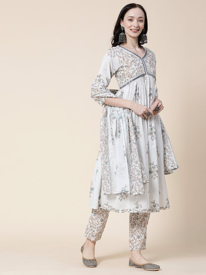 Floral Printed Mirror Embroidered Pleated Kurta with Pants & Printed Dupatta - White