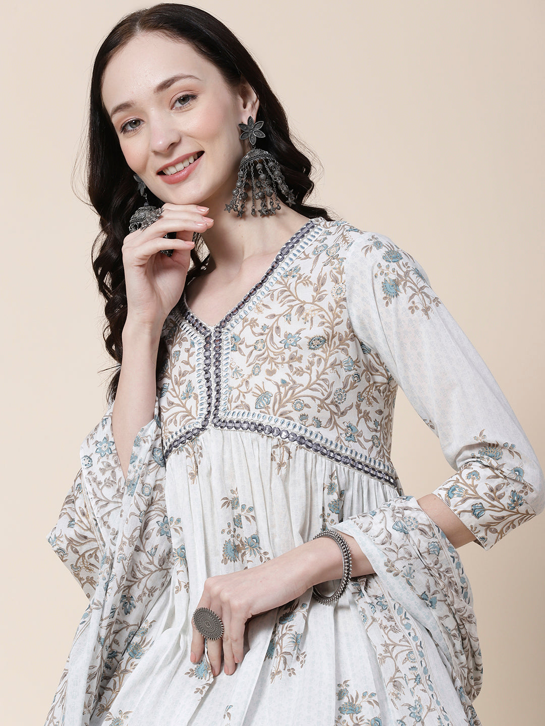 Floral Printed Mirror Embroidered Pleated Kurta with Pants & Printed Dupatta - White