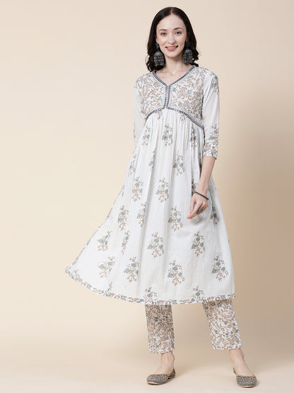 Floral Printed Mirror Embroidered Pleated Kurta with Pants & Printed Dupatta - White