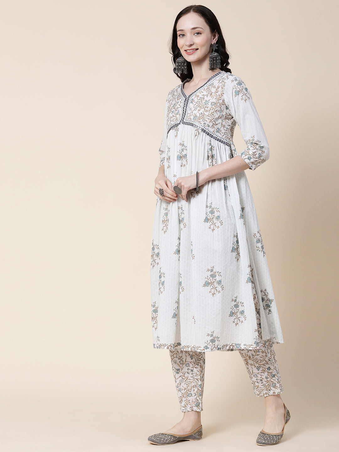 Floral Printed Mirror Embroidered Pleated Kurta with Pants & Printed Dupatta - White