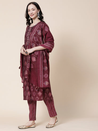 Abstract & Ethnic Printed Mirror & Zari Embroidered Kurta With Pants & Dupatta - Mauve