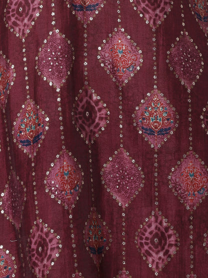 Abstract & Ethnic Printed Mirror & Zari Embroidered Kurta With Pants & Dupatta - Mauve