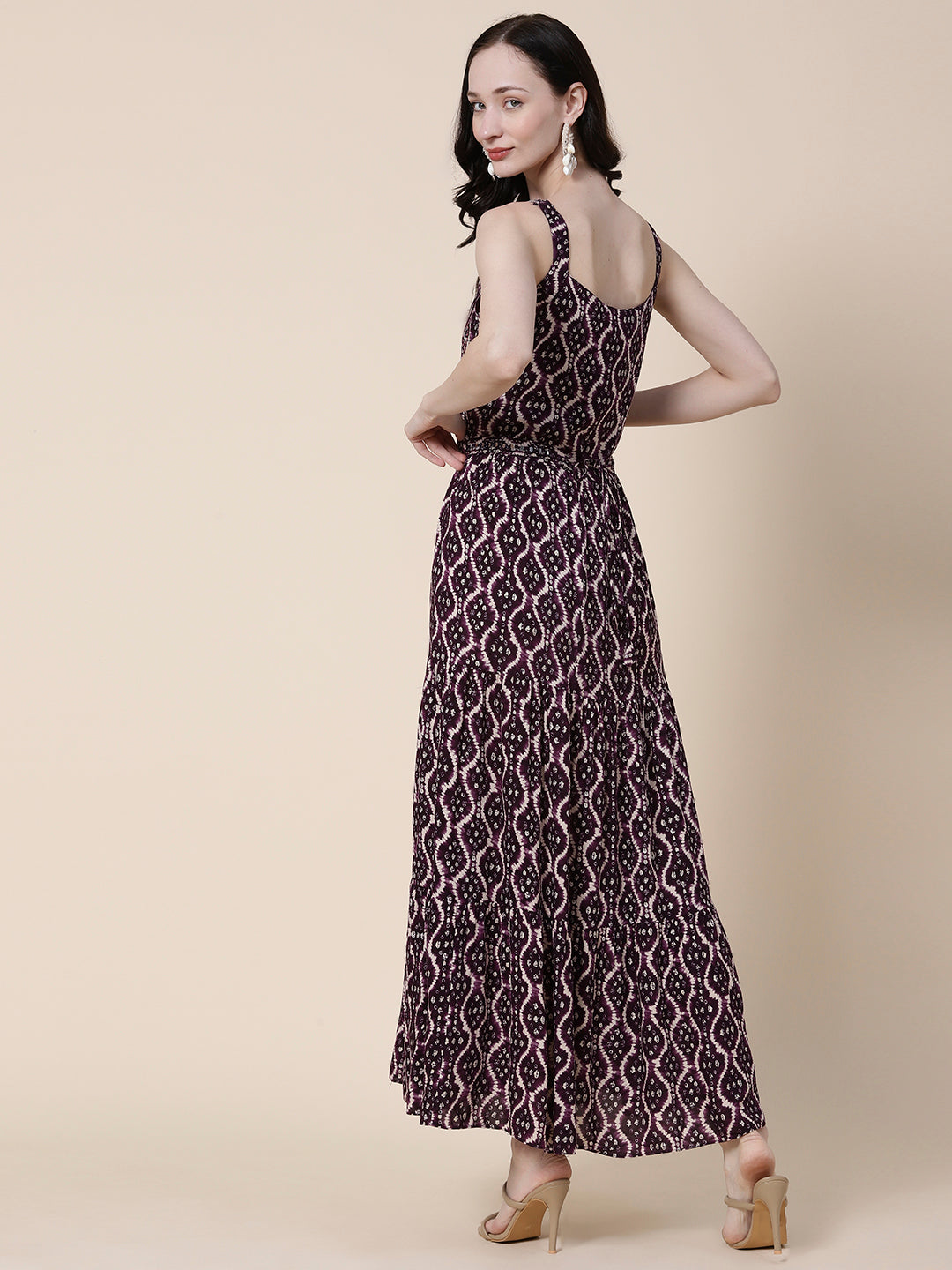 Ethnic Bandhani Printed & Embroidered A-Line Fit & Flare Maxi Dress - Violet