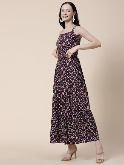 Ethnic Bandhani Printed & Embroidered A-Line Fit & Flare Maxi Dress - Violet