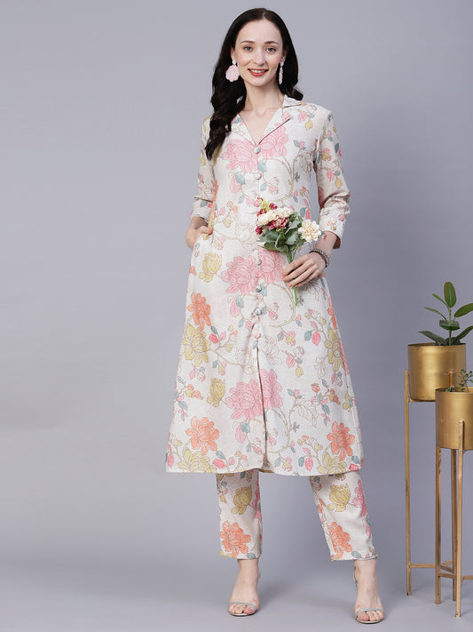 Floral Printed A-line Linen Blend Kurta With Floral Pants Set - Off White & Multi