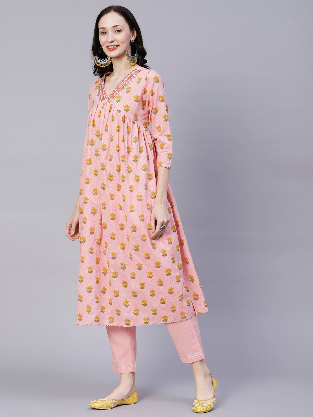 Ethnic Floral Printed & Embroidered A-Line Kurta with Pant - Peach