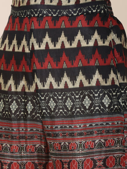 Abstract Ikkat Printed Zari Embroidered Kurta With Matching Pants Set - Black & Multi